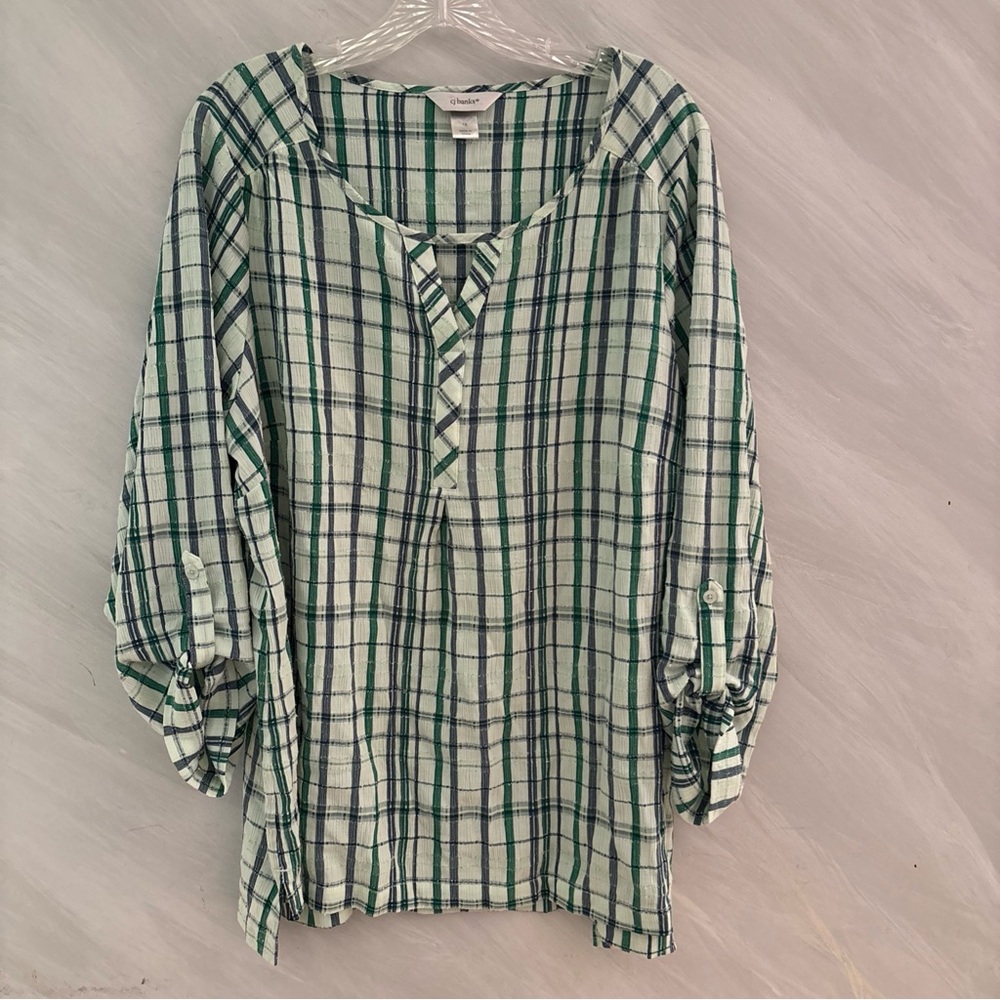 CJ Banks 1X Green, Blue, Lime Green Plaid Gauzy 3/4 Roll Tab Sleeve Blouse